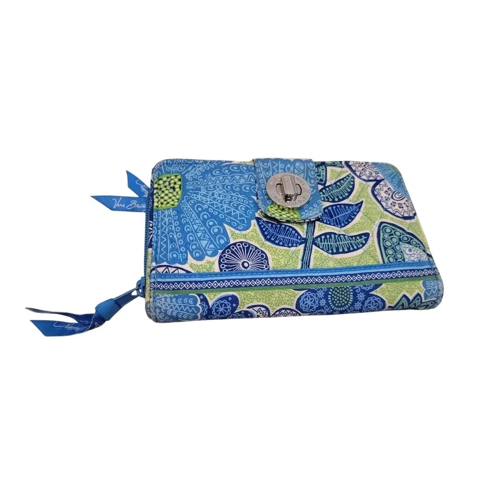Vera Bradley Turn Lock Wallet Floral Green/Blue Quilted Zip Around Clutch